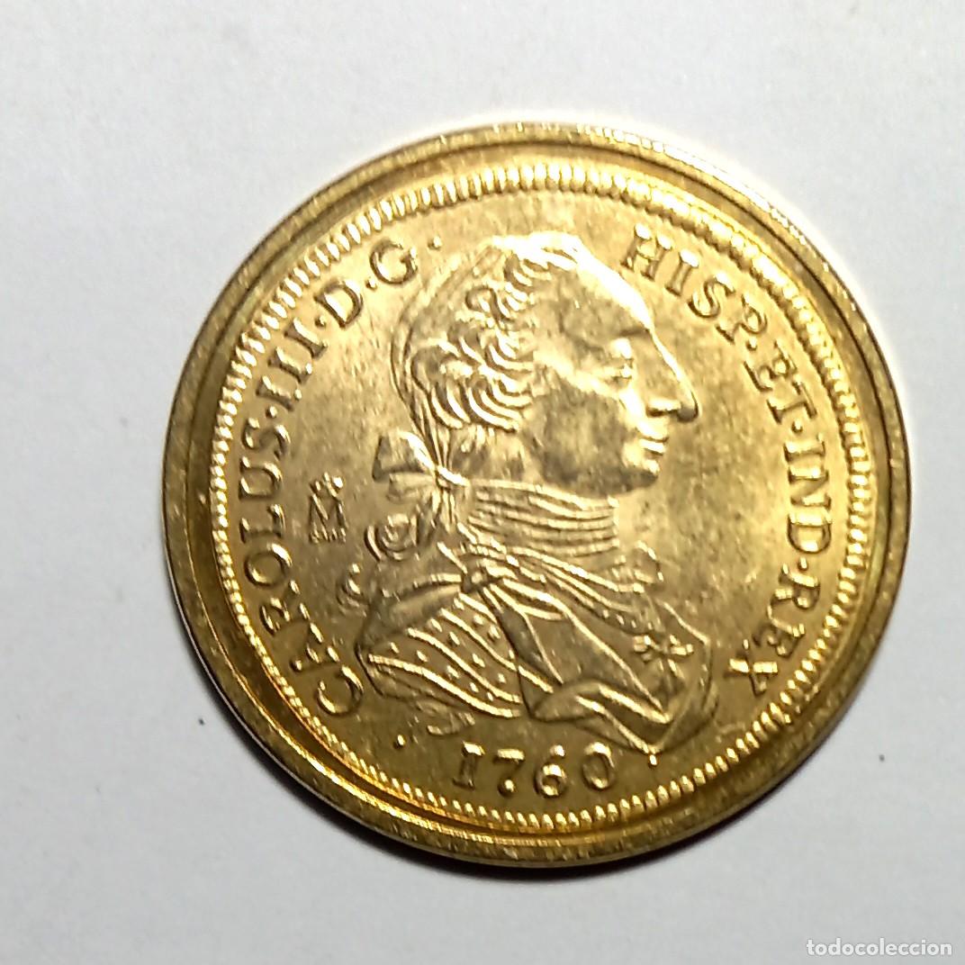 Reproducciones billetes y monedas: R&eacute;plica moneda de Carlos III- ba&ntilde;o oro 24 kt. ,Ceca Real Casa de la Moneda