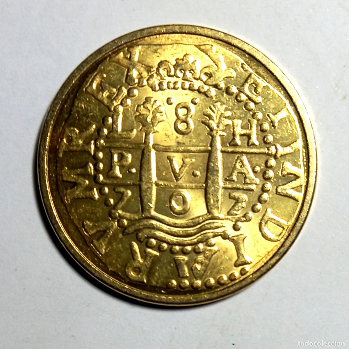 Reproducciones billetes y monedas: R&eacute;plica moneda de Felipe V- ba&ntilde;o oro 24 kt. ,Ceca Real Casa de la Moneda
