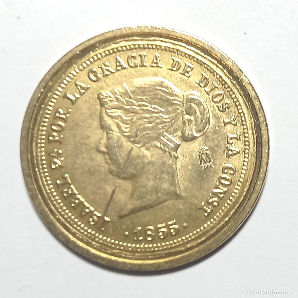 Reproducciones billetes y monedas: R&eacute;plica moneda de la Isabel II a&ntilde;o 1855- ba&ntilde;o oro 24 kt. ,Ceca Real Casa de la Moneda