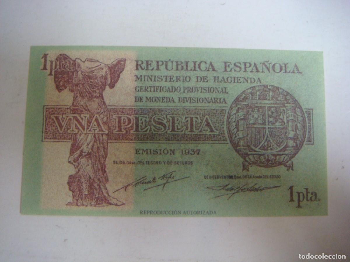 Reproducciones billetes y monedas: BILLETE REPRODUCION DE 1 PESETA REPUBLICA ESPA&Ntilde;OLA EMISION 1937-CAJ -1 BILLETES