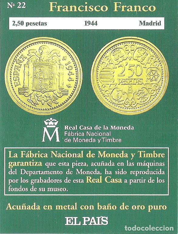 Reproducciones billetes y monedas: R&eacute;plica moneda de Francisco Franco - ba&ntilde;o oro 24 kt. ,Ceca Real Casa de la Moneda