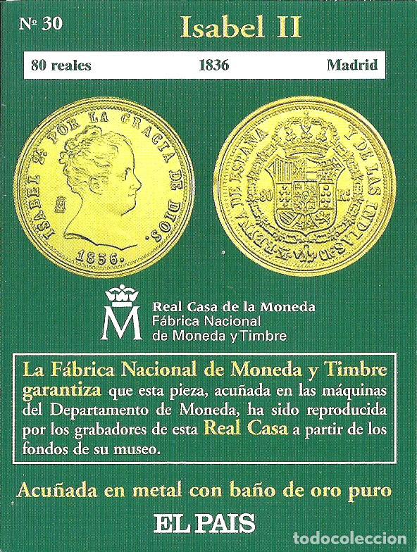 Reproducciones billetes y monedas: R&eacute;plica moneda de Isabel II a&ntilde;o 1836 - ba&ntilde;o oro 24 kt. ,Ceca Real Casa de la Moneda