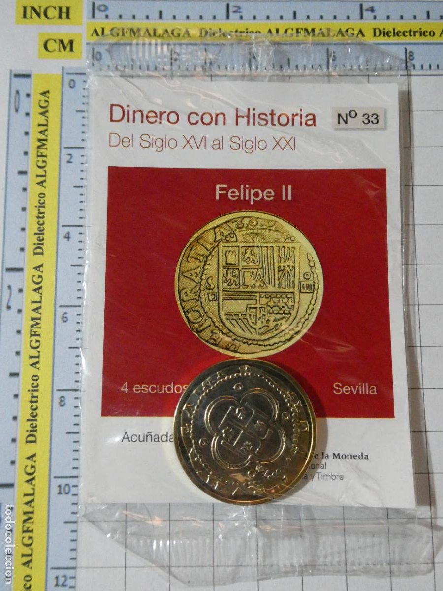 Reproducciones billetes y monedas: MONEDA REPRODUCCI&Oacute;N N&ordm; 33 4 ESCUDOS DE FELIPE II SEVILLA BA&Ntilde;O ORO COLECCION DINERO CON HISTORIA