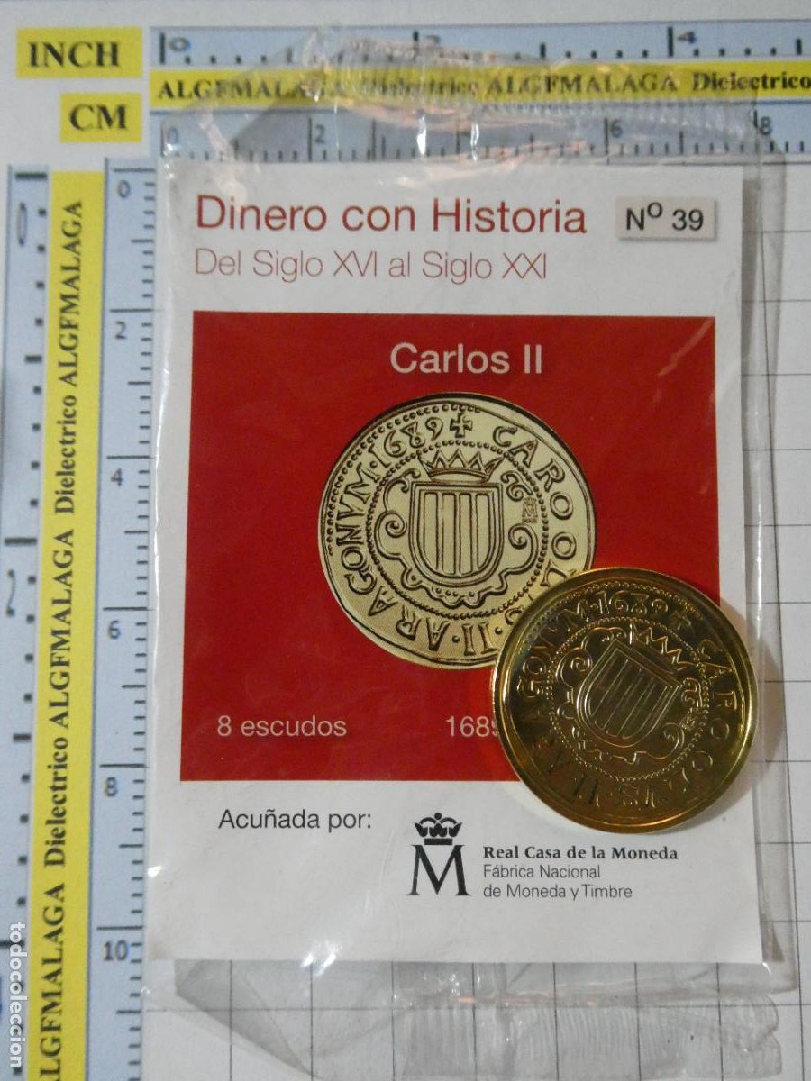 Reproducciones billetes y monedas: MONEDA REPRODUCCI&Oacute;N N&ordm; 39 8 ESCUDOS CARLOS II 1689 MALLORCA BA&Ntilde;O ORO COLECCION DINERO CON HISTORIA