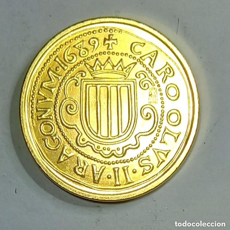 Reproducciones billetes y monedas: R&eacute;plica moneda de Carlos II-ba&ntilde;o oro 24 kt-.,Ceca Real Casa de la Moneda