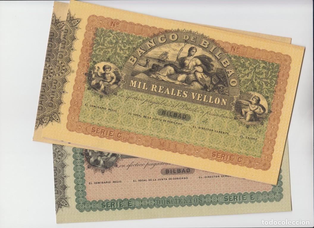 Reproducciones billetes y monedas: facs&iacute;mil billetes banco Bilbao 100 , 200 , 500 1000 y 2000 reales vell&oacute;n
