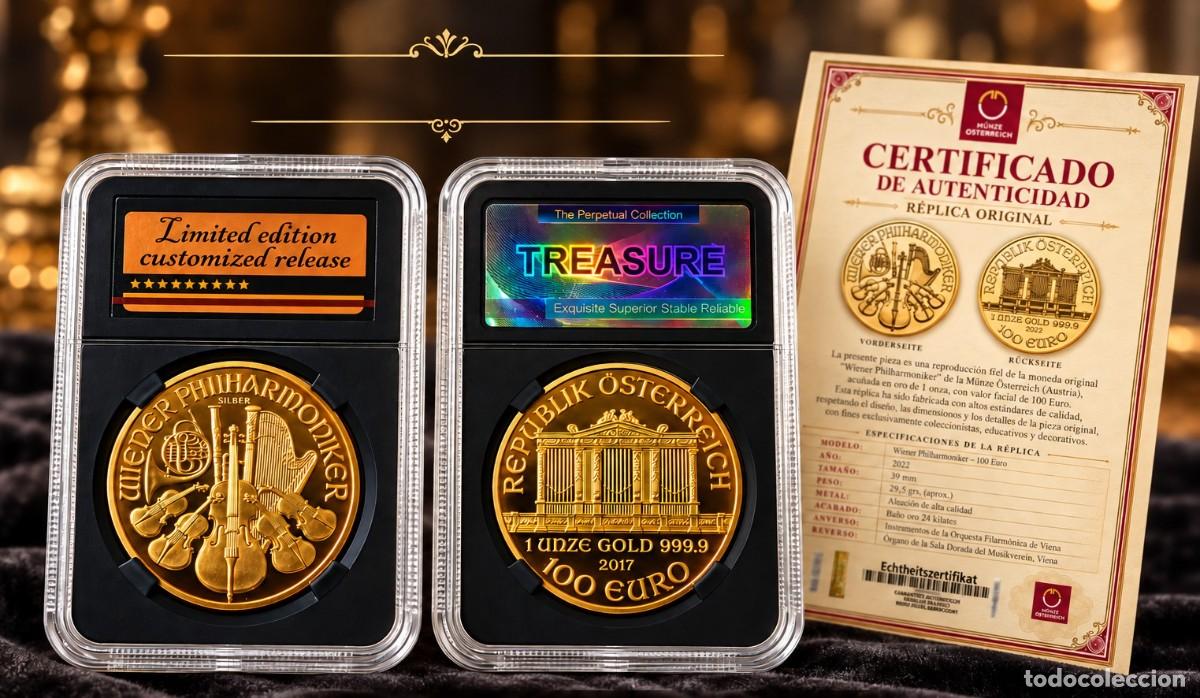 Reproducciones billetes y monedas: ONZA DE ORO FILARM&Oacute;NICA 2017 DE 100&euro; AUSTRIA