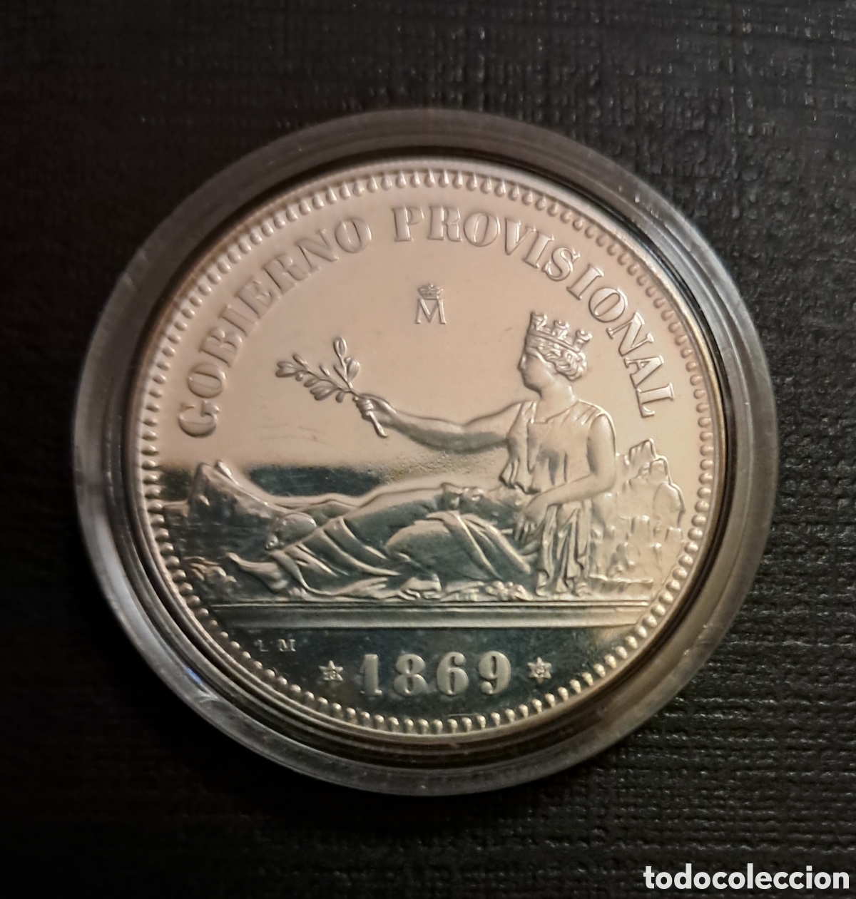 Reproducciones billetes y monedas: Moneda oficial y conmemorativa de 1 Peseta / Plata / 1869 / Gobierno Provisional
