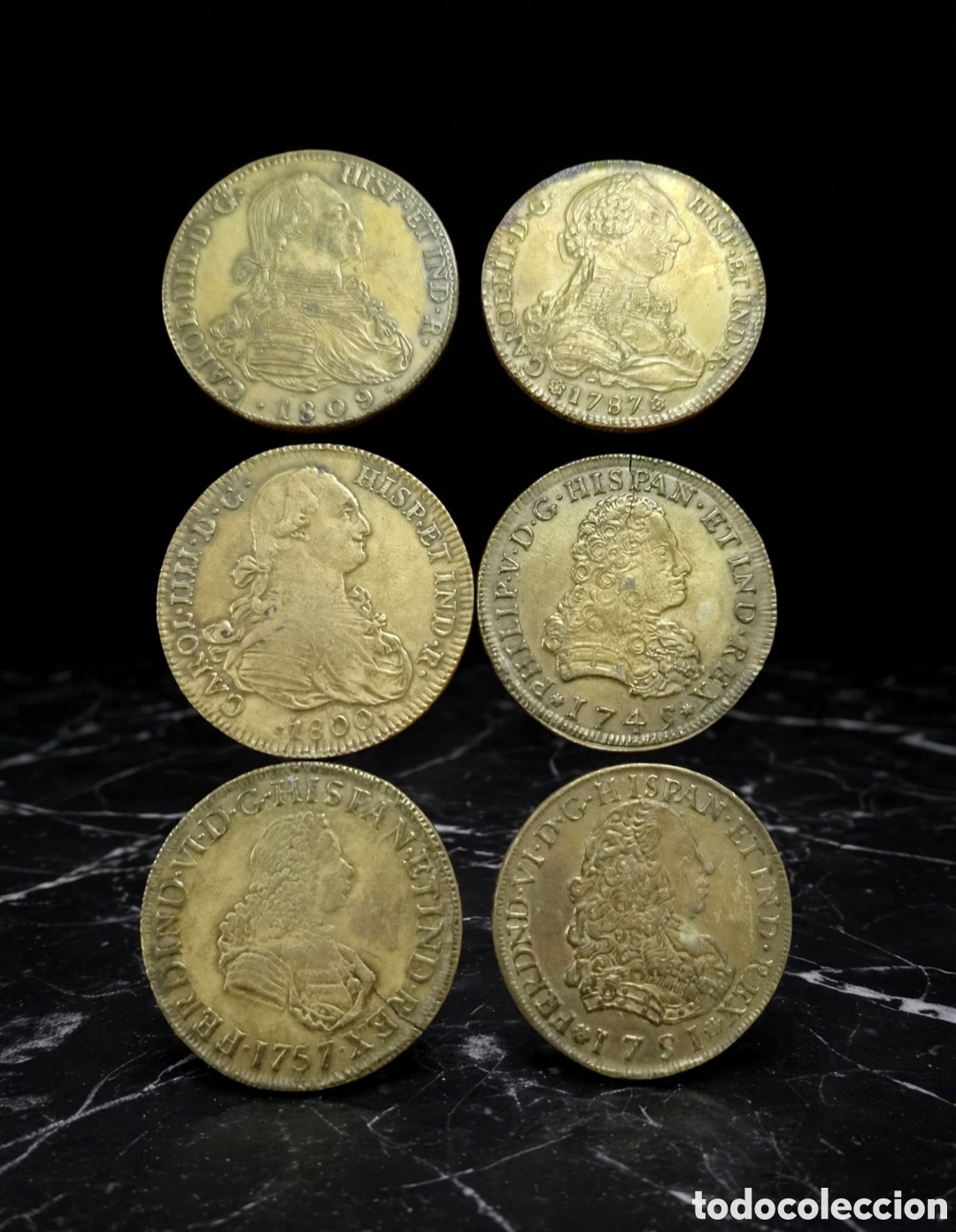 Reproducciones billetes y monedas: 6 r&eacute;plicas de 8 escudos de Felipe V Fernando VI Carlos III y Carlos IV