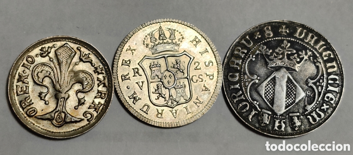 Reproducciones billetes y monedas: Lote de 3 R&eacute;plicas de Monedas Hist&oacute;ricas (Real de Fernando el Cat&oacute;lico, Flor&iacute;n de Juan I y Fernando