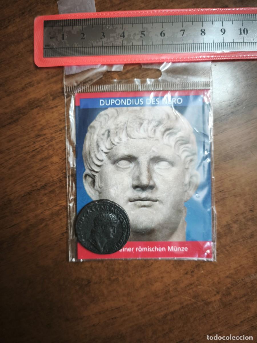 Reproductions billets et monnaies: R&eacute;plica moneda romana Dupondio de Ner&oacute;n. Bl&iacute;ster de Museo