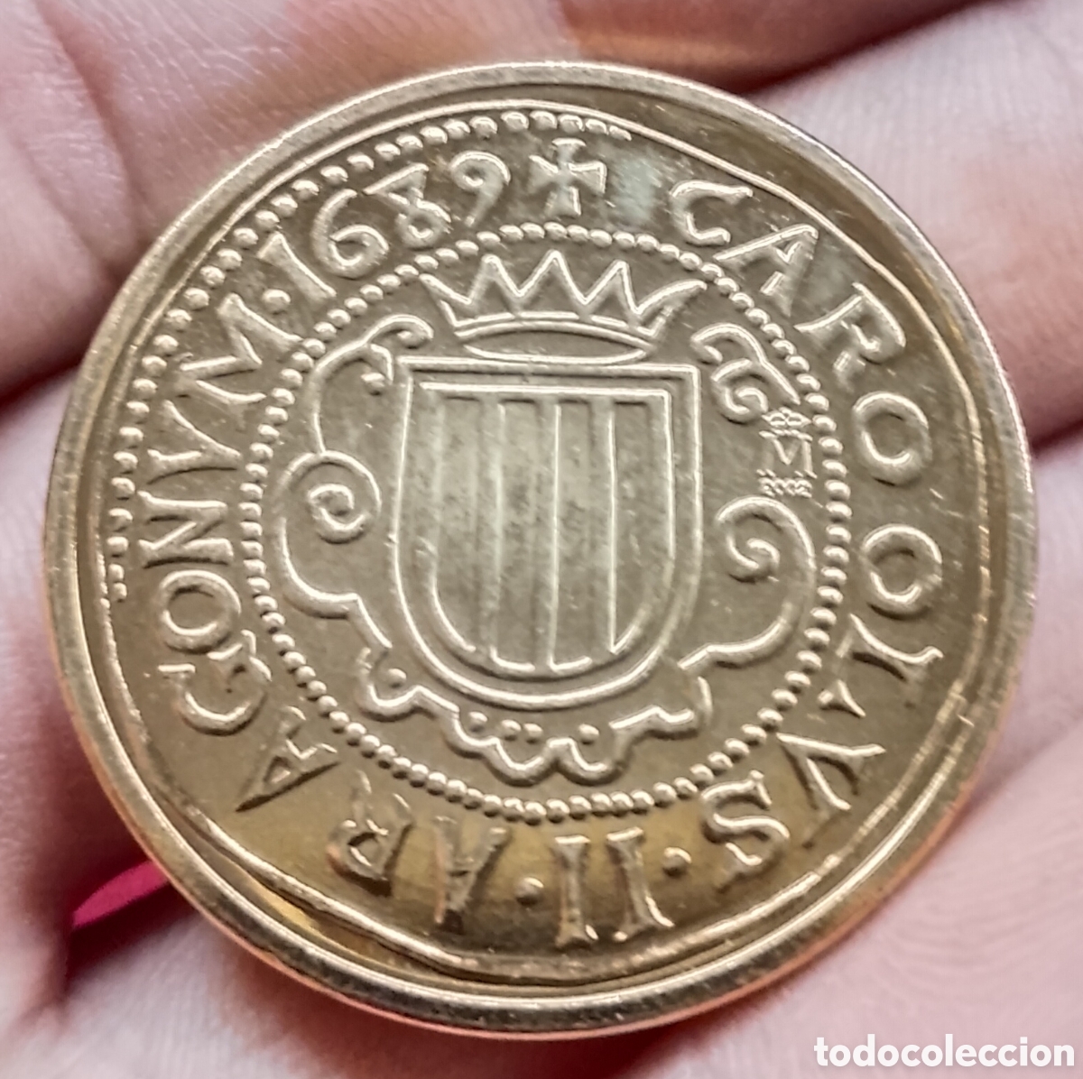 Reproducciones billetes y monedas: Carlos II 8 Escudos Mallorca 1689 Reproducci&oacute;n oficial FNMT con ba&ntilde;o de oro