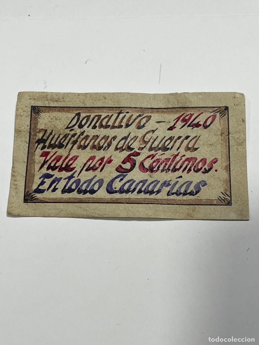 Reprodu&ccedil;&otilde;es notas e moedas: DONATIVO HU&Eacute;RFANOS DE GUERRA. 5 C&Eacute;NTIMOS. CANARIAS, 1940.