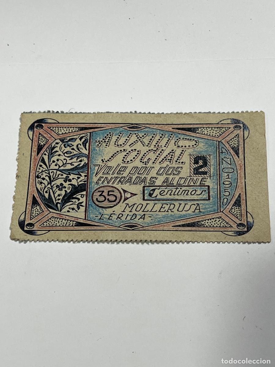 Riproduzioni banconote e monete: AUXILIO SOCIAL. VALE POR DOS ENTRADAS AL CINE. 35 C&Eacute;NTIMOS. MOLLERUSA. L&Eacute;RIDA. 1950.