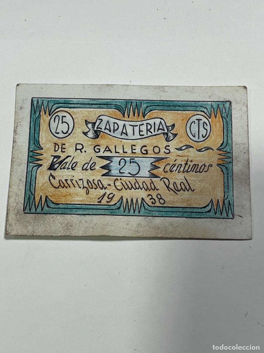Riproduzioni banconote e monete: ZAPATER&Iacute;A. DE R. GALLEGOS. VALE DE 25 C&Eacute;NTIMOS. CARRIZOSA, CIUDAD REAL. 1938.
