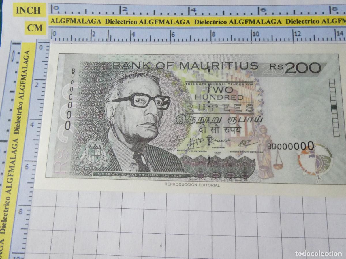 Reproducciones billetes y monedas: BILLETE FACS&Iacute;MIL. COLECCI&Oacute;N TODOS LOS BILLETES DEL MUNDO. 200 RUPIAS DE MAURICIO 2007. 40