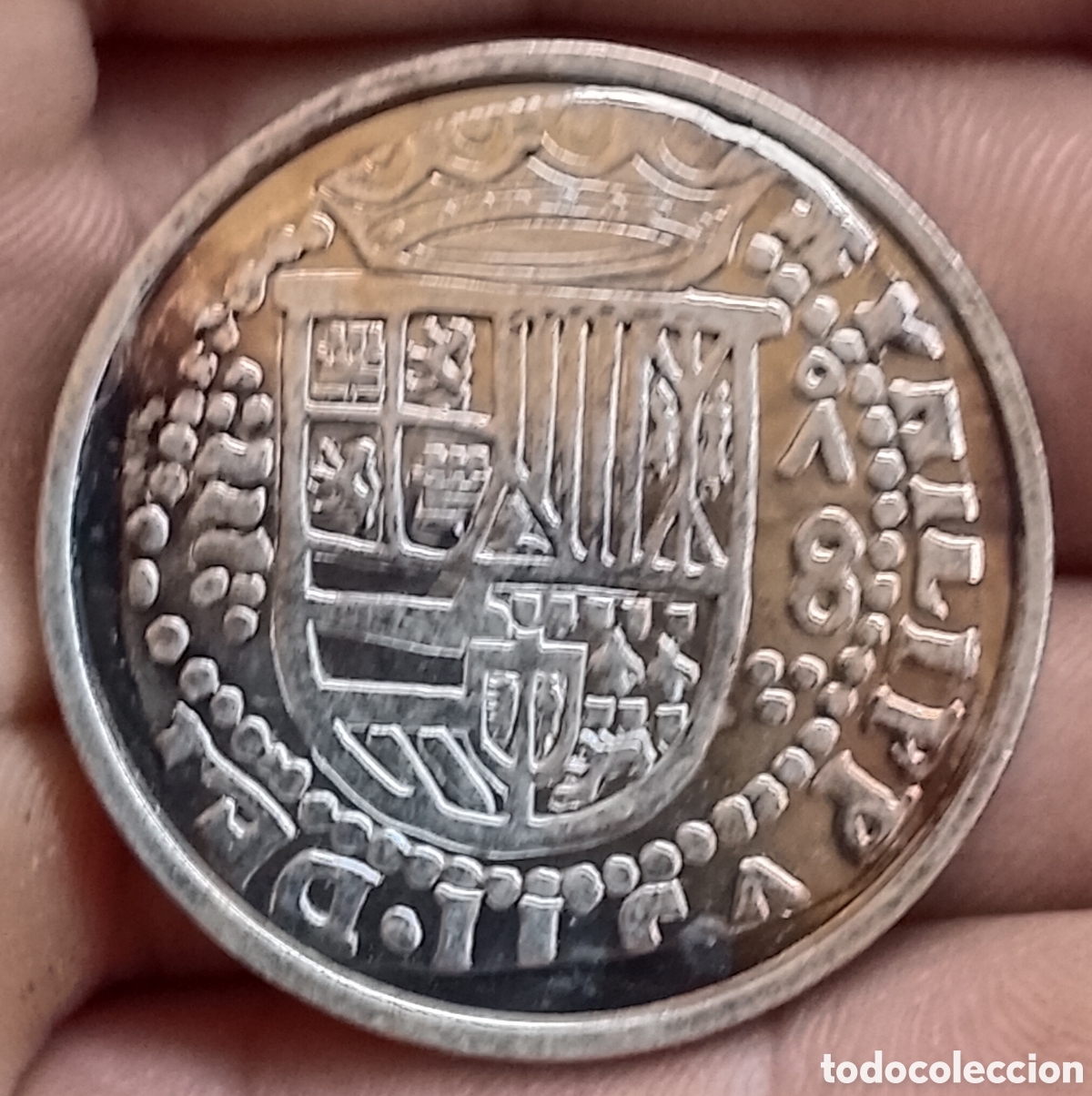 Reproducciones billetes y monedas: Felipe II 8 Reales Valladolid Reproducci&oacute;n oficial FNMT con ba&ntilde;o de plata