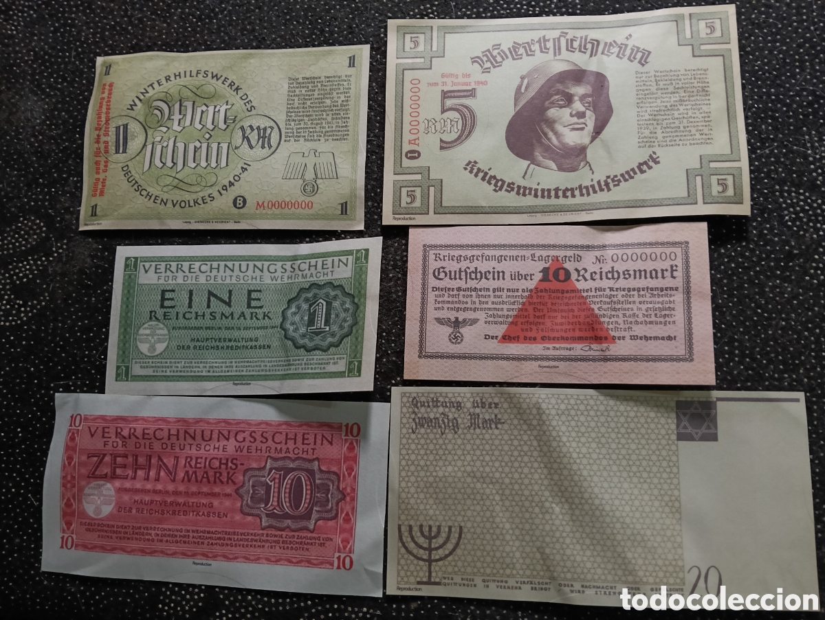 Reproducciones billetes y monedas: 6 reproducciones de billetes alemanes y polacos de Alemania segunda guerra mundial