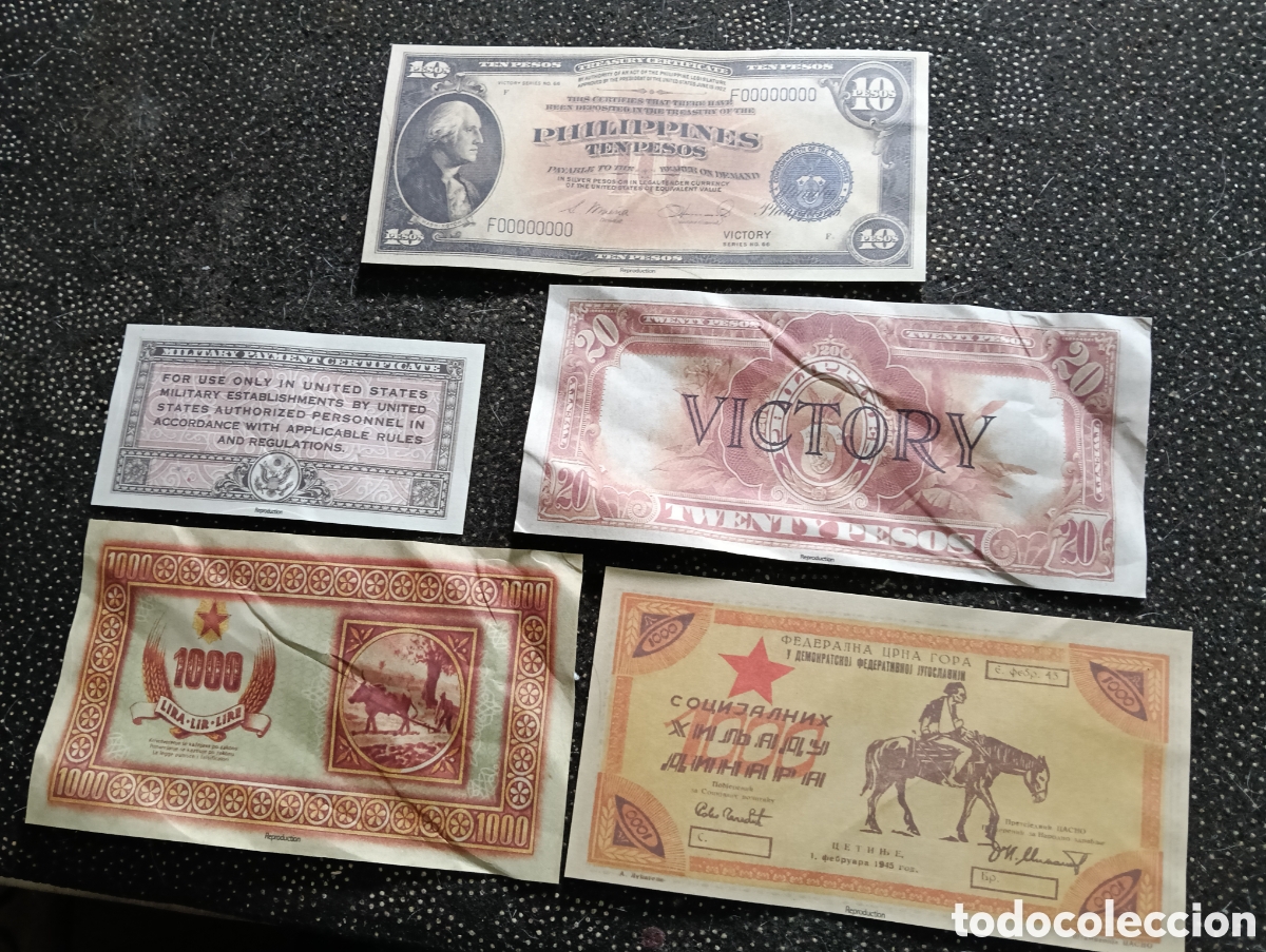 Reproducciones billetes y monedas: 5 Reproducci&oacute;nes de billetes relacionados con la Segunda Guerra Mundial y su historia