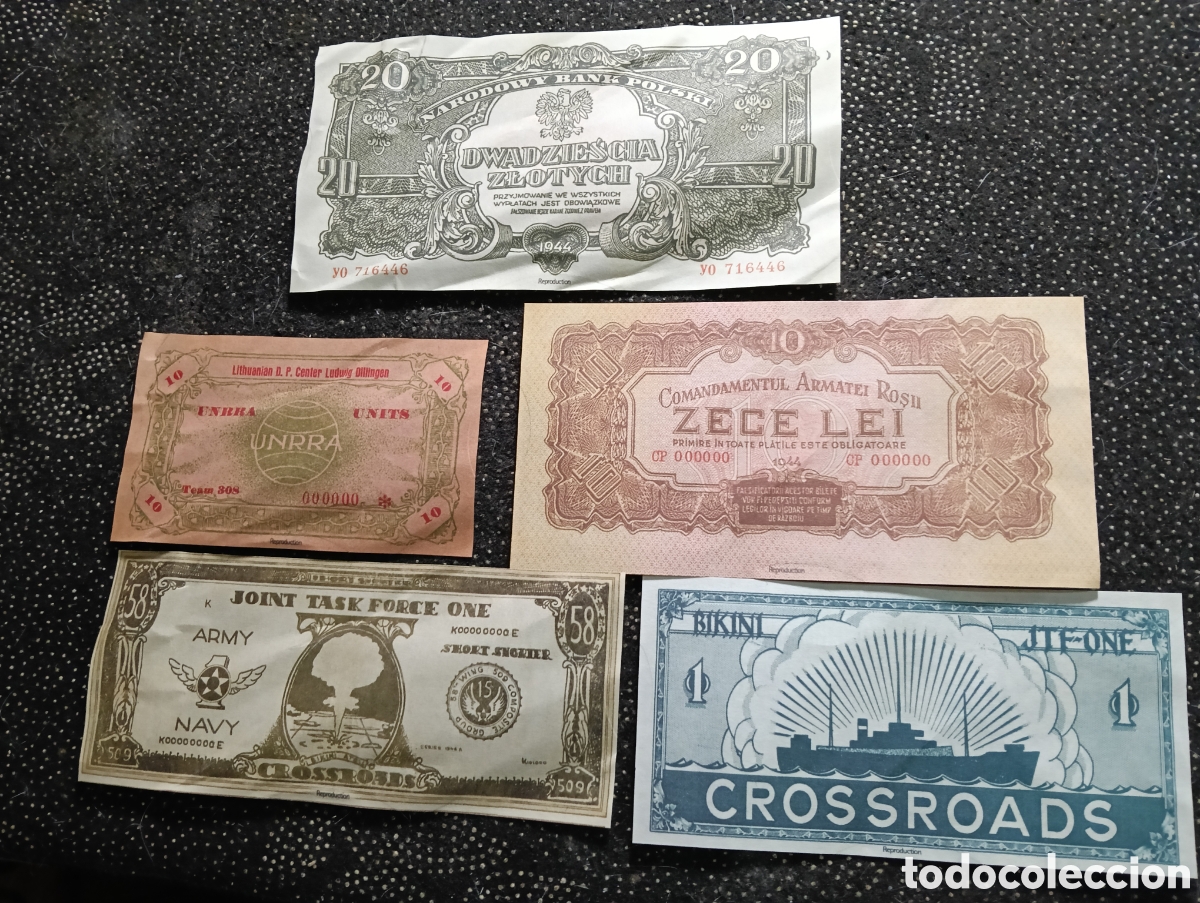 Reproducciones billetes y monedas: 5 Reproducci&oacute;nes de billetes relacionados con la Segunda Guerra Mundial y su historia
