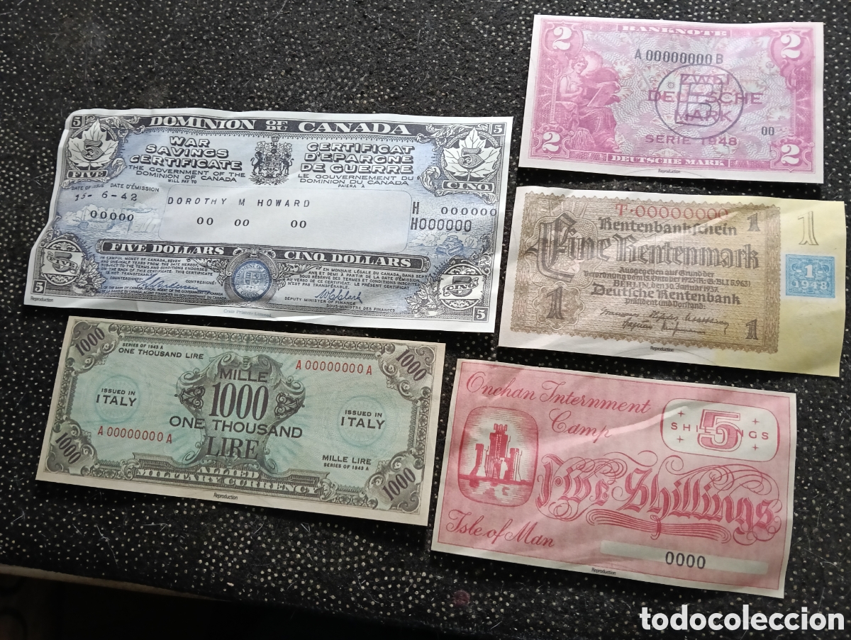 Reproducciones billetes y monedas: 5 Reproducci&oacute;nes de billetes relacionados con la Segunda Guerra Mundial y su historia