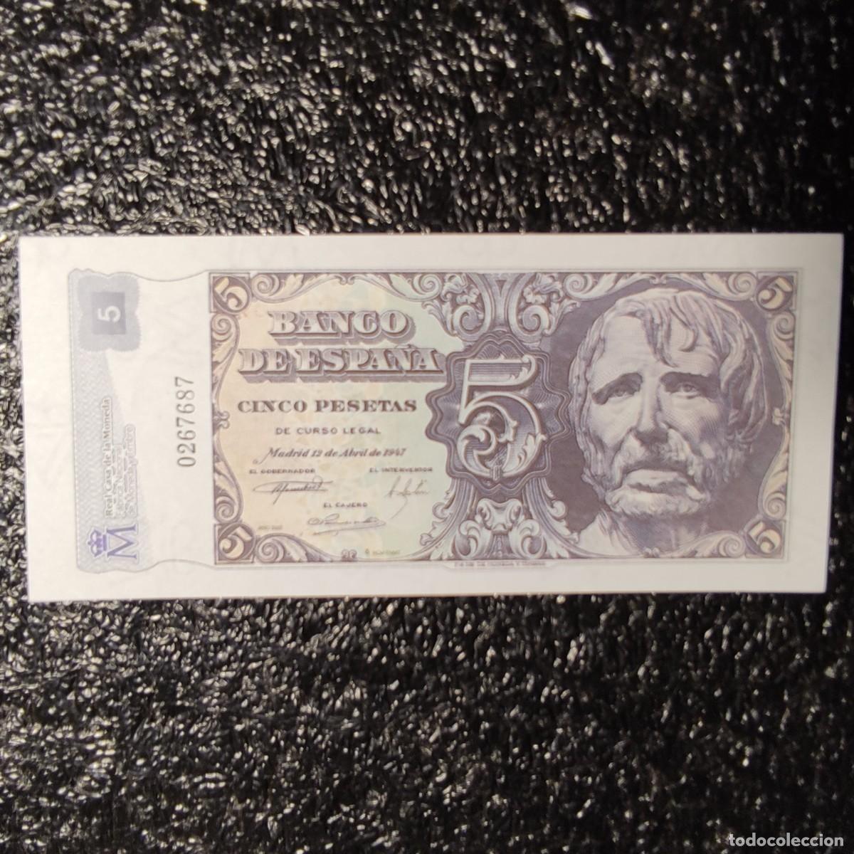 Reproducciones billetes y monedas: BILLETE DE ESPA&Ntilde;A FACS&Iacute;MIL* 5 PESETAS * COL.TODOS LOS BILLETES DE LA PESETA 1874 1992* juani