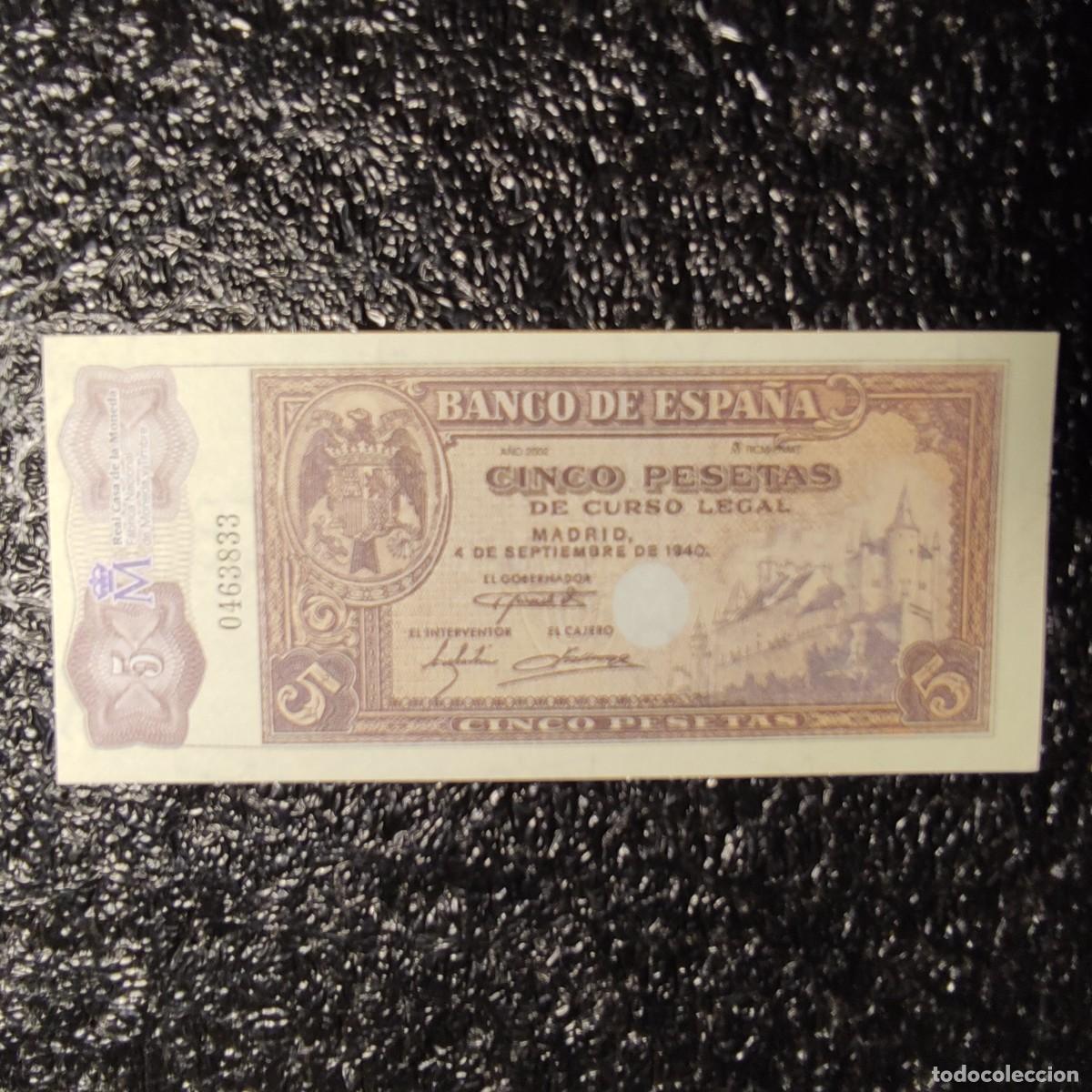Reproducciones billetes y monedas: BILLETE DE ESPA&Ntilde;A FACS&Iacute;MIL* 5 PESETAS * COL.TODOS LOS BILLETES DE LA PESETA 1874 1992* juani