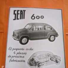Coleccionismo de carteles: CARTEL - REPRODUCCION ANTIGUA PUBLICIDAD SEAT 600 - 29 X 39 (INCLUIDO MARGENES). Lote 215240956