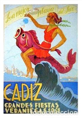 Coleccionismo de carteles: REPRODUCCION CARTEL CADIZ. GRANDES FIESTAS VERANIEGAS 1951 LAMIGRANCADIZ-004,5