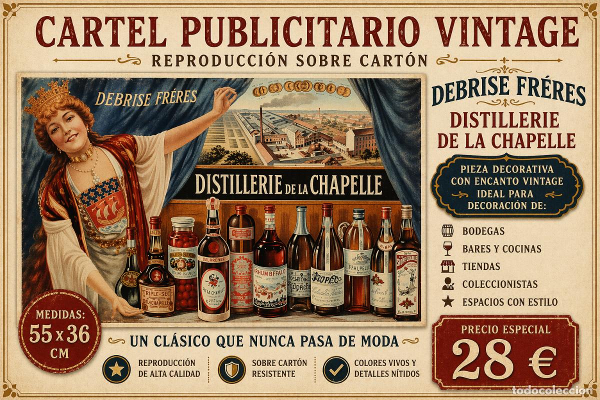 Coleccionismo de carteles: REPRODUCCI&Oacute;N DE CARTEL SOBRE CART&Oacute;N. DEBRISE FR&Eacute;RES. DISTILLERIE DE LA CHAPELLE. 55 X 36 CM.