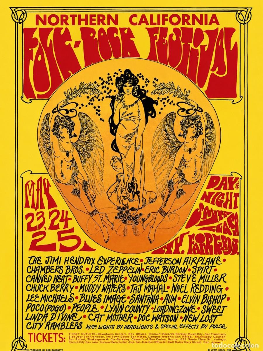 Collezionismo di affissi: Jimi Hendrix & Led Zeppelin at Folk-Rock Festival Concert Poster 1969 !! cartel concierto 30x40 !!