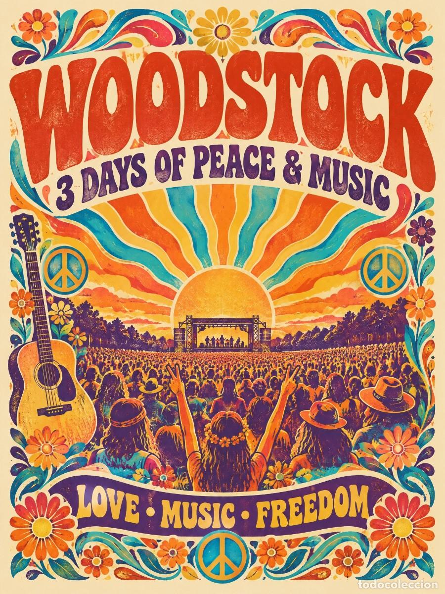 Coleccionismo de carteles: Woodstock 3 Days of Peace & Music Poster, Vintage cartel 30x40 CM, NEW