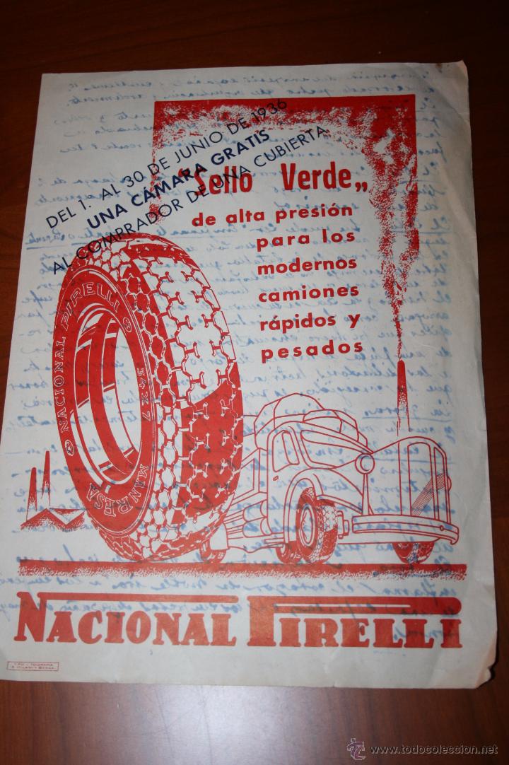 Autos und Motorr&auml;der: Hoja publicitaria neum&aacute;ticos Nacional Pirelli a&ntilde;o 1936. Escrita al dorso. 20 x 28 cms.