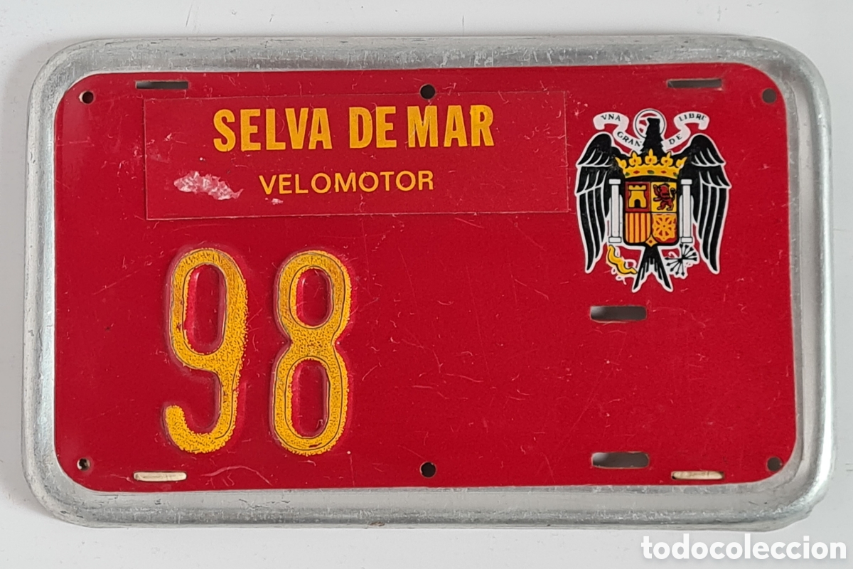 Autos und Motorr&auml;der: Placa Matr&iacute;cula n&uacute;mero 98 Velomotor Selva de Mar - &Eacute;poca Franco Ciclomotor