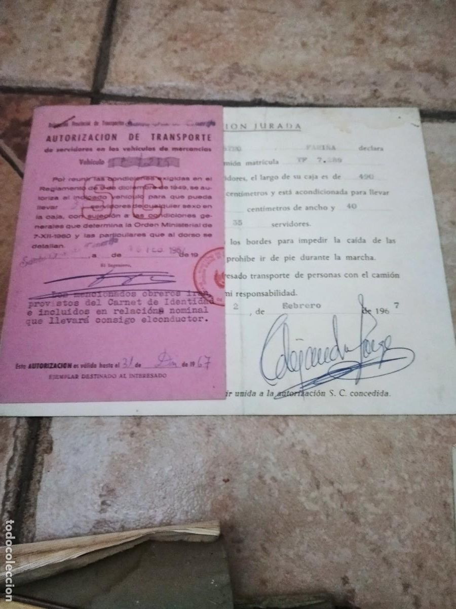 Autos und Motorr&auml;der: Antiguo documento declaraci&oacute;n jurada y autorizaci&oacute;n de Transporte Santa Cruz de Tenerife 1967