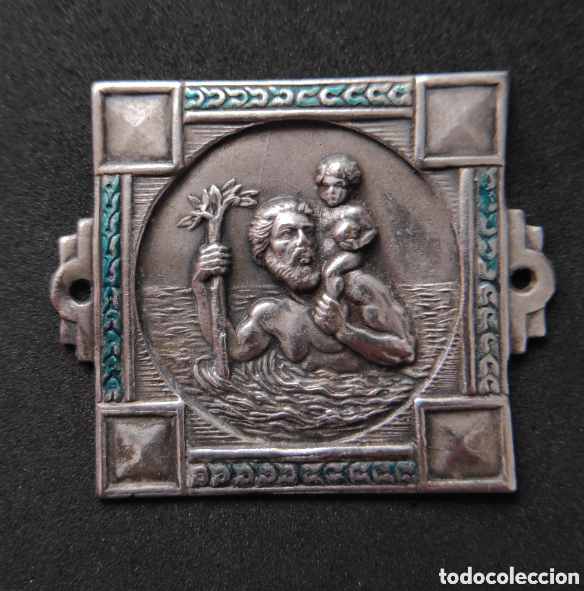 Coches y Motocicletas: Bonita placa religiosa de san cristobal para Coche o Puerta en plata Art Dec&oacute;. Vintage.