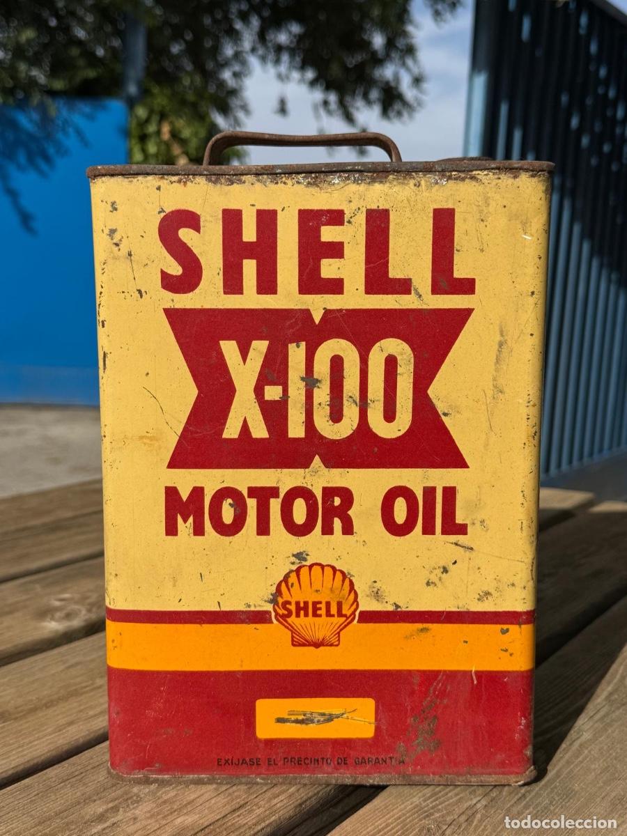 Autos und Motorr&auml;der: Lata antigua aceite lubricante motor Shell X-100 mitad s XX 27x19cms