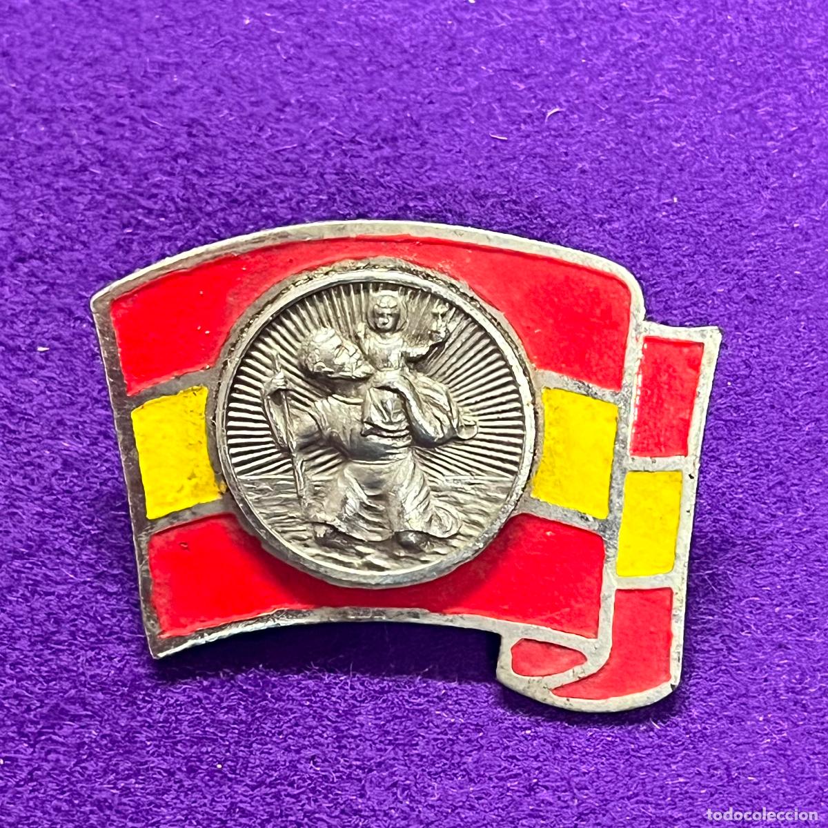 Coches y motocicletas: ANTIGUA PLACA CHAPA ESMALTADA PARA COCHE O MOTO. SAN CRISTOBAL SOBRE BANDERA DE ESPA&Ntilde;A. A&Ntilde;OS 50-60.