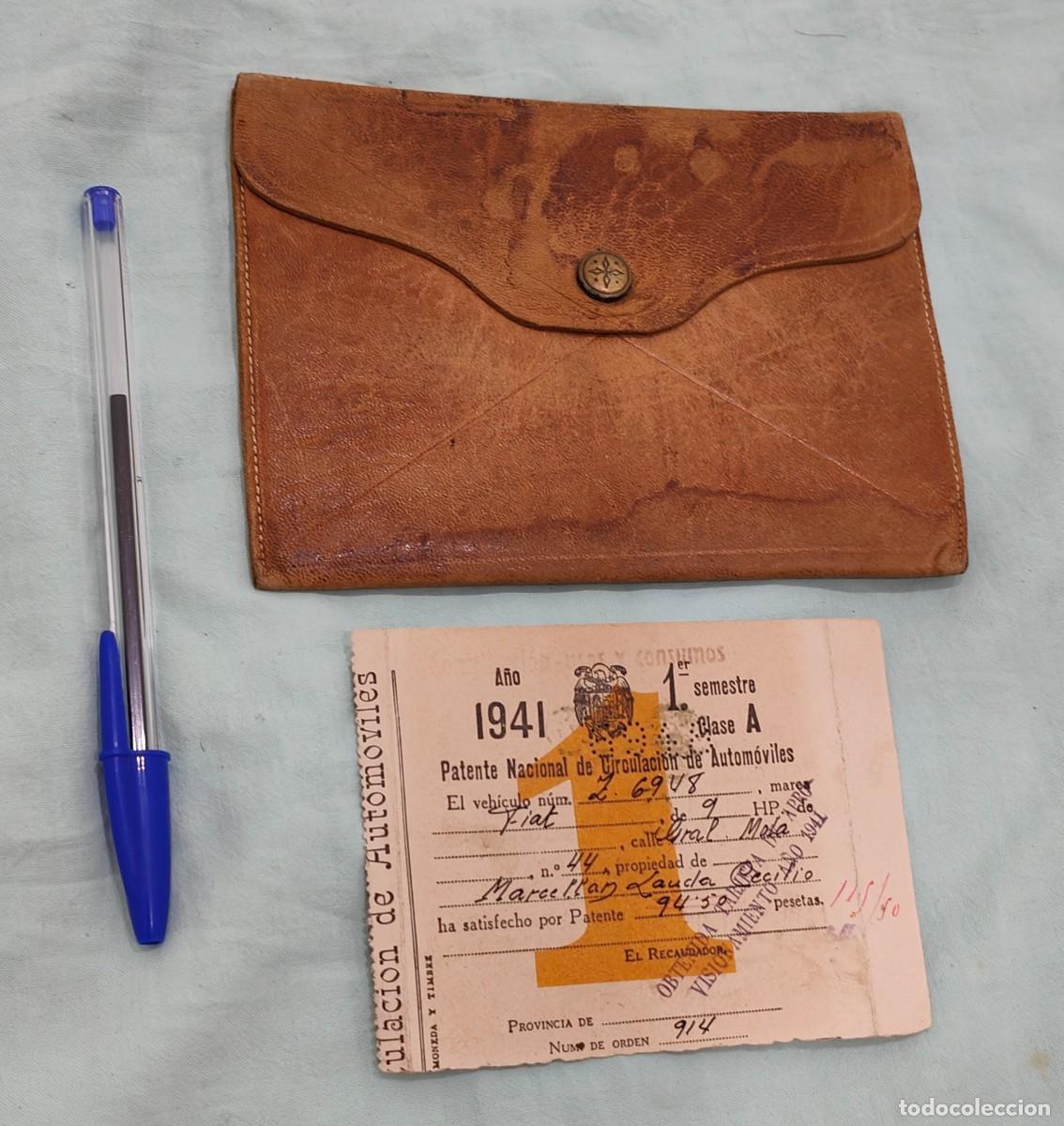 Coches y motocicletas: PATENTE NACIONAL CIRCULACION 1941 -PARA FIAT 9 HP .. CARTERA CUERO.
