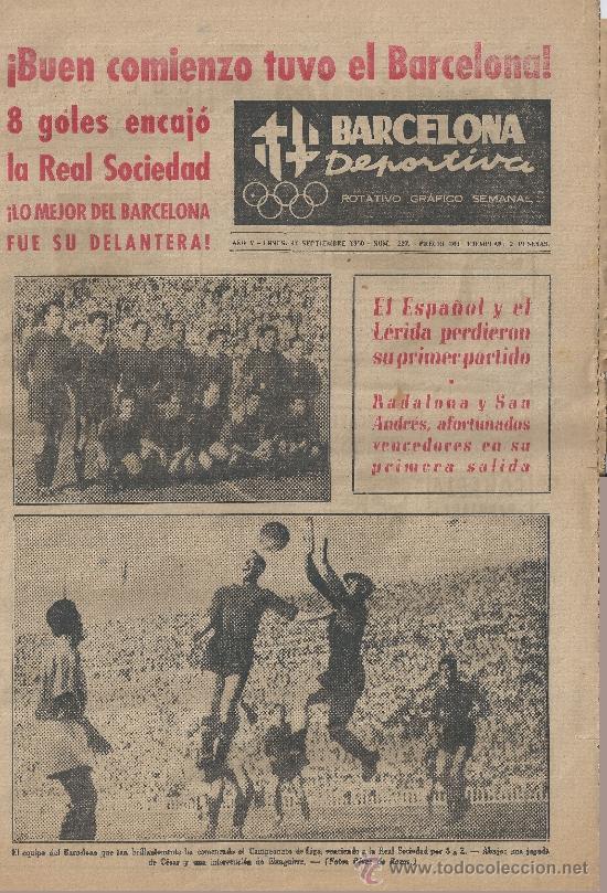 Coleccionismo deportivo: Futbol Club Barcelona Periodico Barcelona Deportiva, Inicio Liga 1950 Bar&ccedil;a vs Real Sociedad 8 - 2