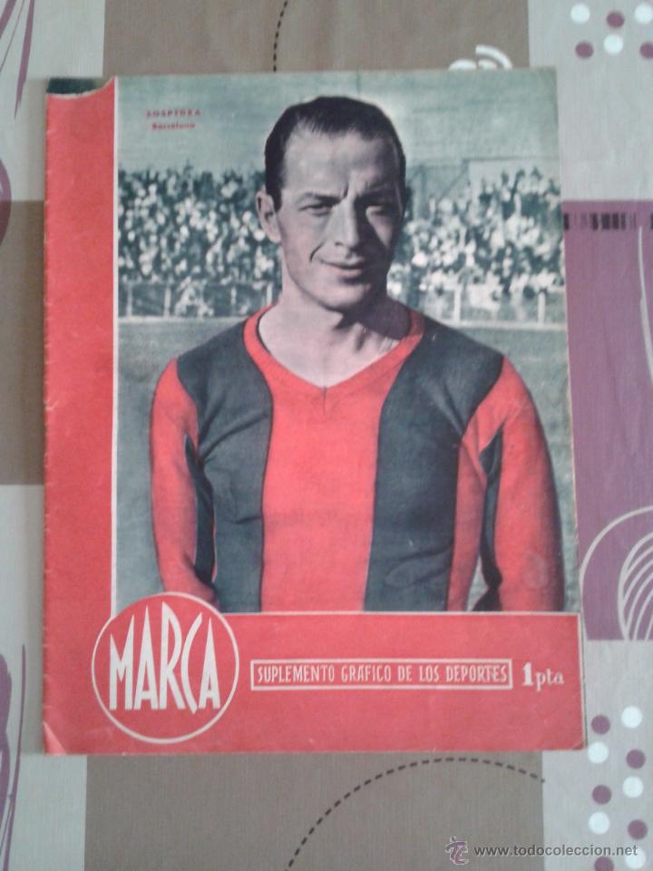 Coleccionismo deportivo: Marca portada Sospedra Bar&ccedil;a 1944 Real Madrid 1 FC Barcelona 0 Liga centrales RCD Espanyol beisbol