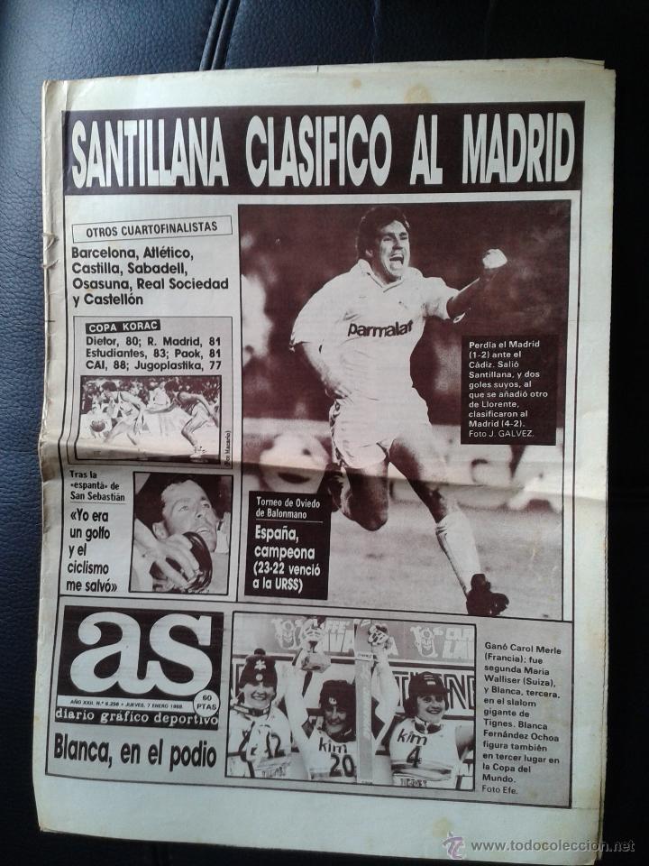 Collezionismo sportivo: Portada y cr&oacute;nica diario AS enero 1988 Santillana clasific&oacute; al Real Madrid 4 C&aacute;diz 2 Copa del Rey