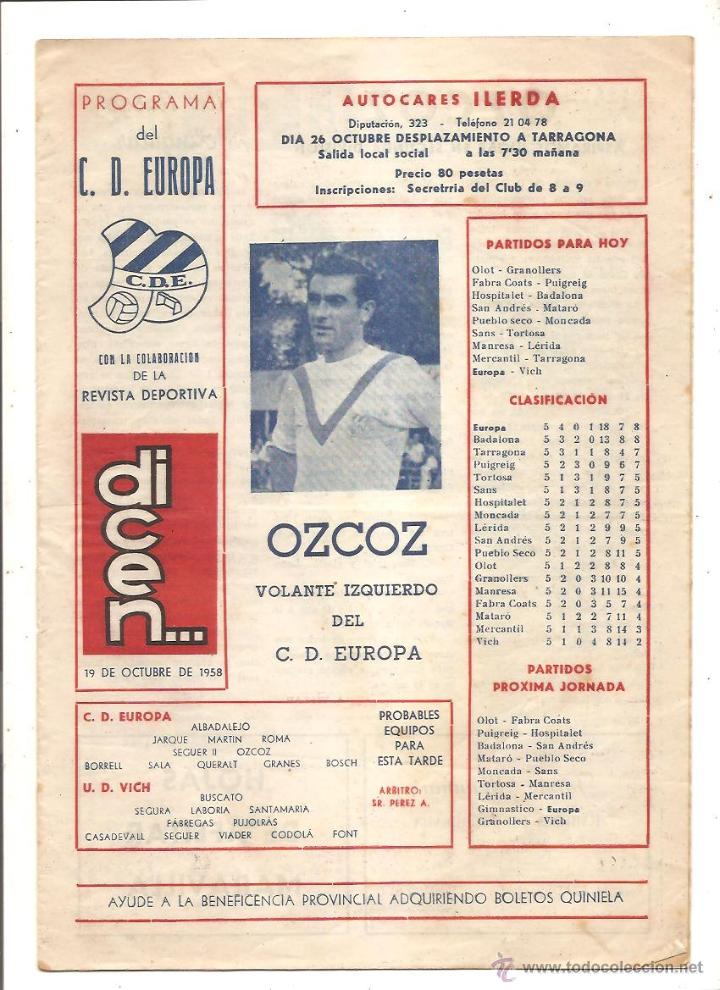 Colecionismo desportivo: PROGRAMA DEL C.D. EUROPA &ndash; COLABORACI&Oacute;N DE LA REVISTA DICEN&hellip; - 19 OCTUBRE 1958