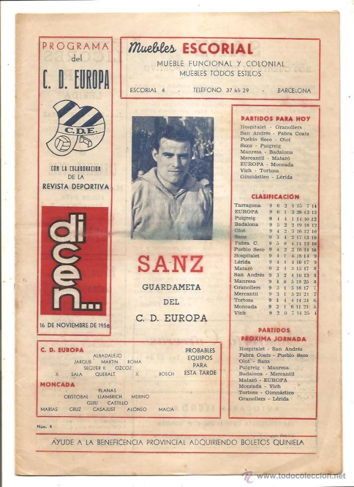 Colecionismo desportivo: PROGRAMA DEL C.D. EUROPA &ndash; COLABORACI&Oacute;N DE LA REVISTA DICEN&hellip; - 16 NOVIEMBRE 1958