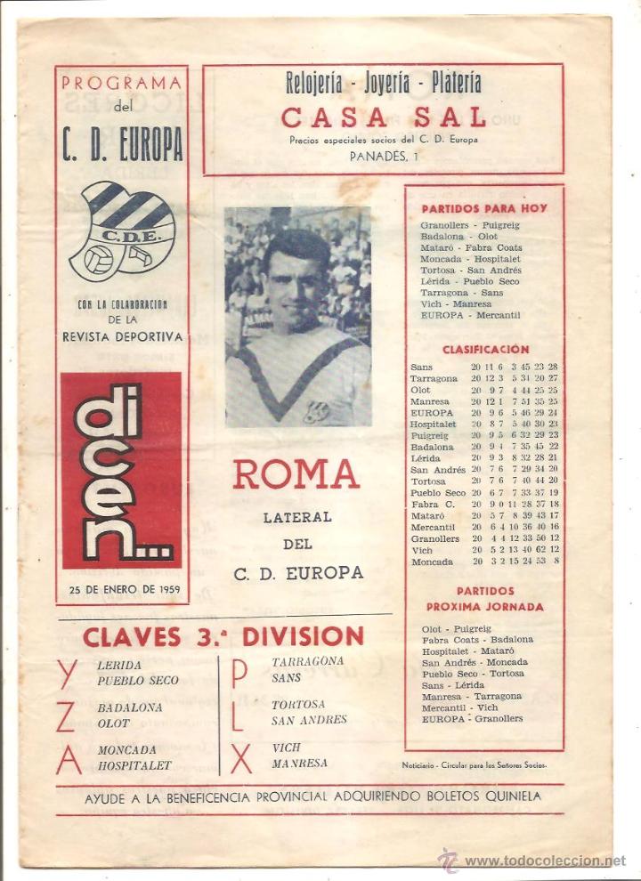 Colecionismo desportivo: PROGRAMA DEL C.D. EUROPA &ndash; COLABORACI&Oacute;N DE LA REVISTA DICEN&hellip; - 25 ENERO 1959
