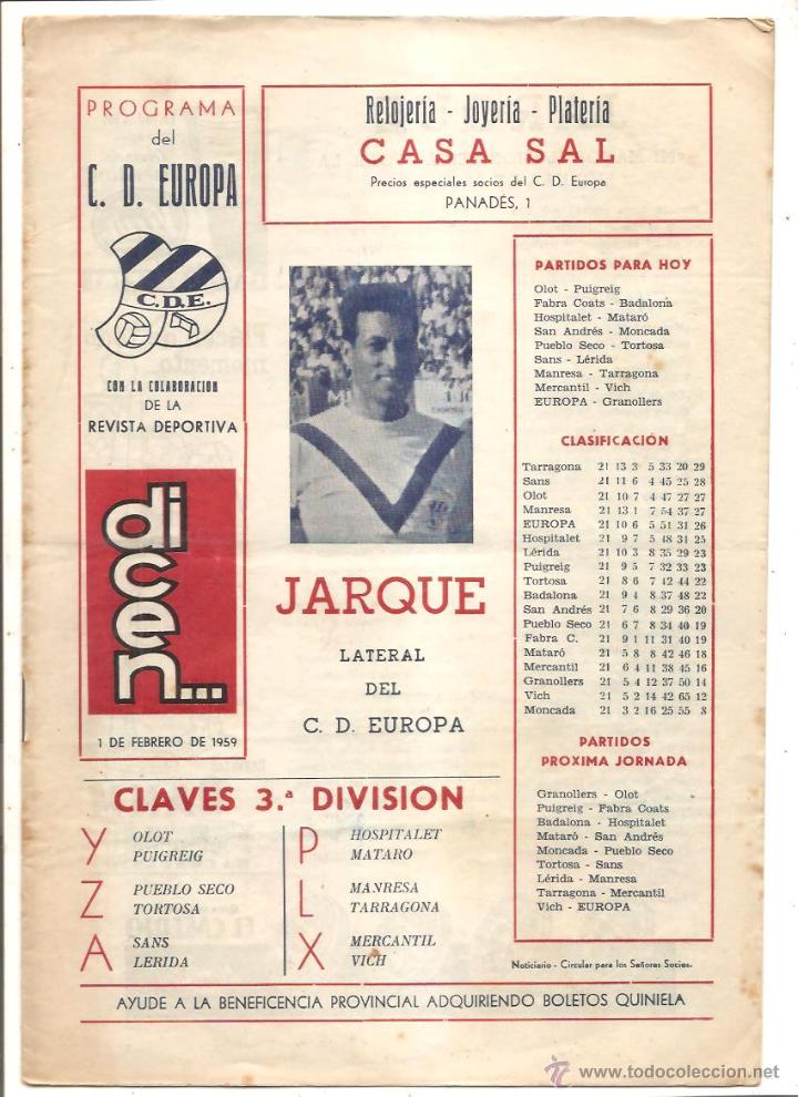 Colecionismo desportivo: PROGRAMA DEL C.D. EUROPA &ndash; COLABORACI&Oacute;N DE LA REVISTA DICEN&hellip; - 1 FEBRERO 1959