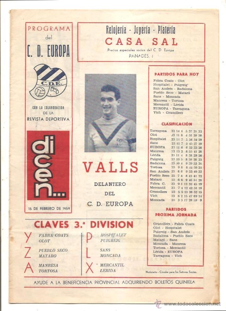 Coleccionismo deportivo: PROGRAMA DEL C.D. EUROPA &ndash; COLABORACI&Oacute;N DE LA REVISTA DICEN&hellip; - 15 FEBRERO 1959