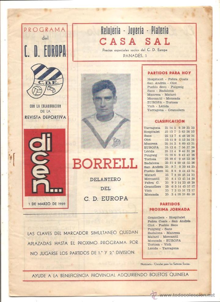 Coleccionismo deportivo: PROGRAMA DEL C.D. EUROPA &ndash; COLABORACI&Oacute;N DE LA REVISTA DICEN&hellip; - 1 MARZO 1959
