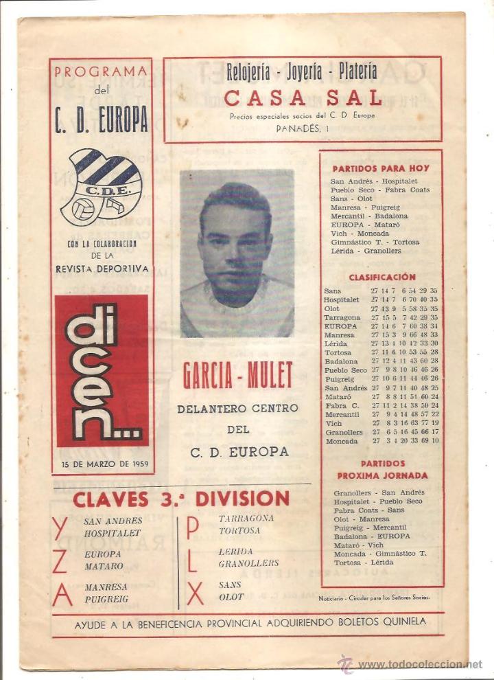 Colecionismo desportivo: PROGRAMA DEL C.D. EUROPA &ndash; COLABORACI&Oacute;N DE LA REVISTA DICEN&hellip; - 15 MARZO 1959