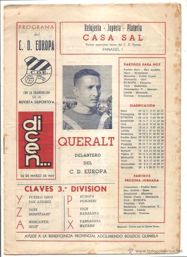 Colecionismo desportivo: PROGRAMA DEL C.D. EUROPA &ndash; COLABORACI&Oacute;N DE LA REVISTA DICEN&hellip; - 22 MARZO 1959